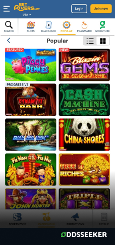 A screenshot of the mobile casino games library page for Rivers Casino4Fun